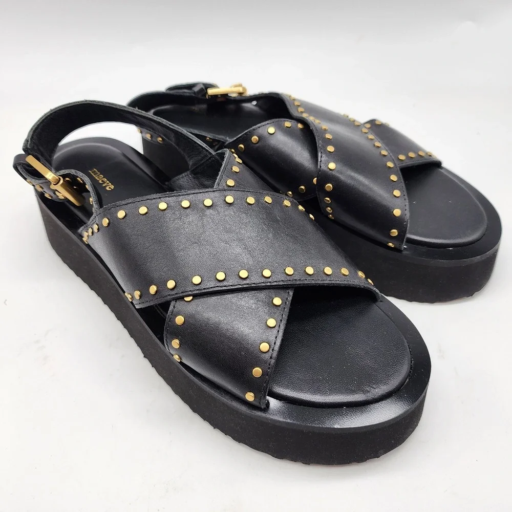 Anthropologie Maeve Chrissy Studded Platform Sandal EU 38 US 7-7.5 Black Leather